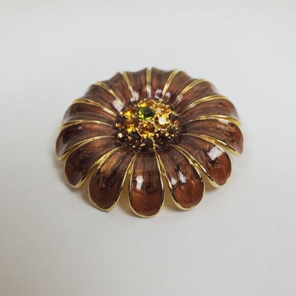 Vintage Brooch Pin Brown Enamel Topaz Yellow Green Rhinestone Floral Large Big - Picture 3 of 8